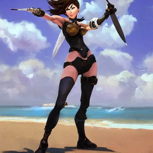 Image similar to greg manchess painting of tracer from overwatch as 2 b nier automata on the beach holding a sword, organic painting, sunny day, matte painting, bold shapes, detailed, detailed, face trending on artstation, artstationhd, artstationhq, hard edges, by huang guangjian and gil elvgren and sachin teng