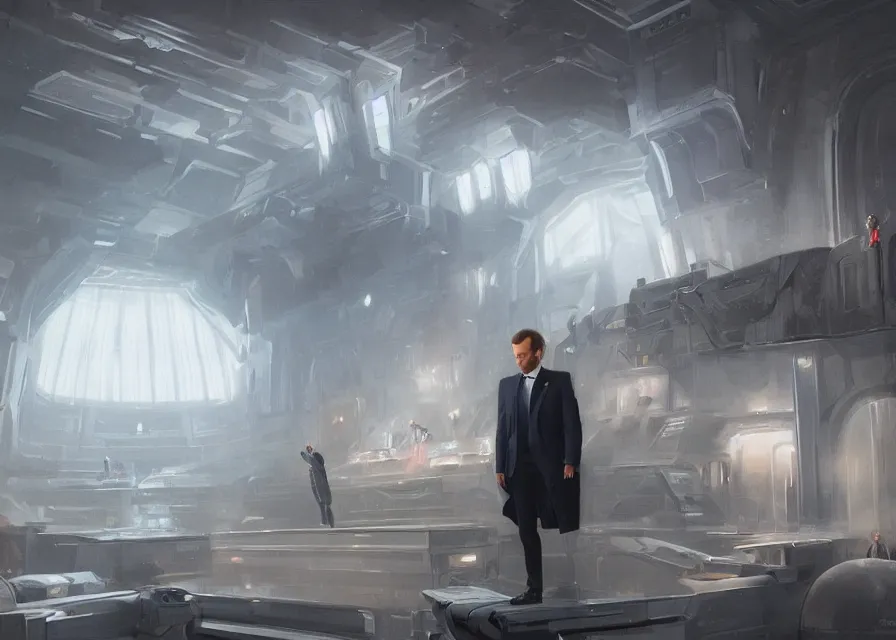 Image similar to painting of Emmanuel Macron dressed as a senator in Star Wars, inside the galactic senate, sharp focus, trending on ArtStation, masterpiece, by Greg Rutkowski, by Ross Tran, by Fenghua Zhong, octane, clear eyes, soft render, oil on canvas, moody lighting, cinematic, professional environment concept art