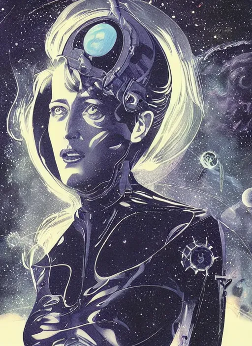 Image similar to gillian anderson as a space wizard, science fiction, high details, intricate details, by vincent di fate, artgerm julie bell beeple, 1 9 8 0 s, inking, vintage 8 0 s print, screen print