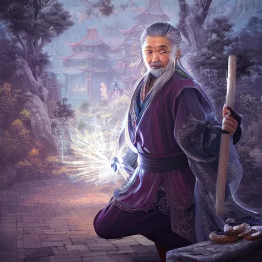 Image similar to portrait painting of a 6 0 year old kind handsome taoist priest, silver ponytail hair, amiable by yangjun chen, huang guangjian, fenghua zhong, wenjun lin, nadar, bright colors, octopath traveler, unreal engine 5 highly rendered, global illumination, radiant light, detailed and intricate environment