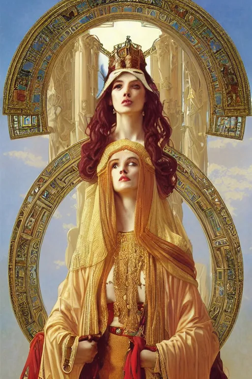 Image similar to Portrait of historically accurate, biblical, sneering, young, wicked, terrible, evil, pagan, beautiful, queen jezebel of ancient Israel, wearing gilded robes, long hair, intricate, elegant, highly detailed, masterpiece, illustration, art by artgerm and greg rutkowski and alphonse mucha and Wayne Barlowe and william-adolphe bouguereau, highly detailed, trending on artstation, award winning