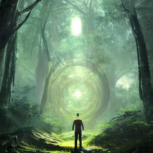 Image similar to a man standing in front of a portal in the middle of a forest, poster art by stephan martiniere, behance contest winner, sci - fi, reimagined by industrial light and magic, concept art