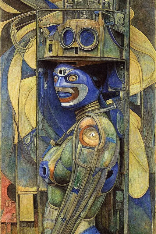 Image similar to the queen in her robot mask stands by the window at midnight , by Annie Swynnerton and Diego Rivera and Elihu Vedder, symbolist, dramatic lighting, elaborate geometric ornament, Art Brut, soft blues and greens,smooth, sharp focus, extremely detailed, Adolf Wölfli and Evelyn De Morgan