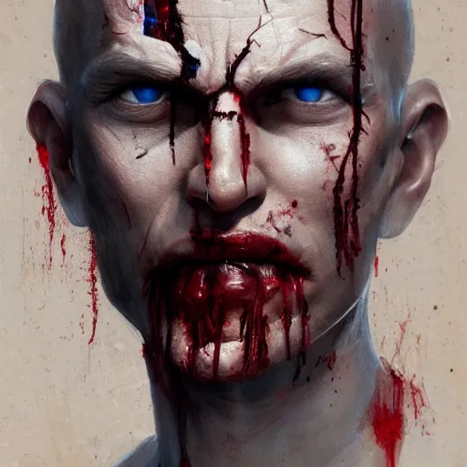 Image similar to close-up, symmetrical, portrait of man, bloody, bruised, scarred, marvel art, art by greg rutkowski, matte painting, trending on artstation