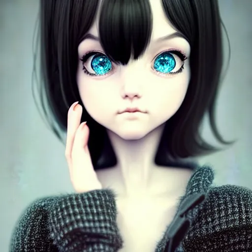 Prompt: beautifully pretty stoner girl, black sweater, grey checkered skirt, very cute features, glittery short black hair, blue eyes, universal volumetric lighting, soft glow, by range murata, norman rockwell, highly detailed intricately sharp focus, trending on pinterest, unreal engine 5 4 k uhd image