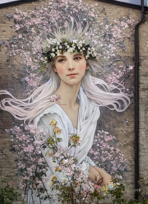 Prompt: a huge outdoor wall mural taking up the entire side of a building. it shows a fairy sitting in a field of white flowers. wearing a flower crown. stunning wall mural painting by by artgerm and greg rutkowski and alphonse mucha