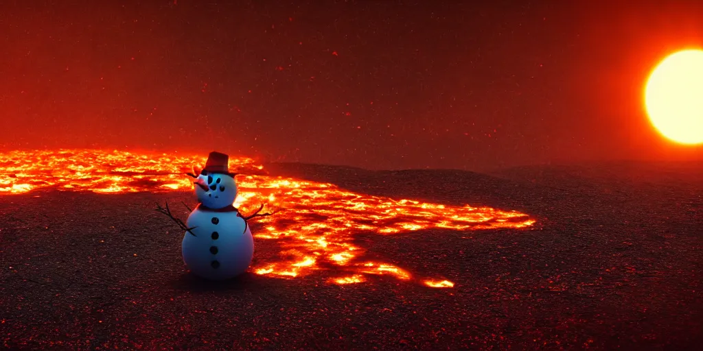 Prompt: a snowman melting on top of the sun. the ground is made of fire and lava and is glowing orange. cinematic, dramatic, epic, volumetric lighting, atmospheric, red, orange extremely coherent, 8 k, space, warm, blade runner 2 0 4 9
