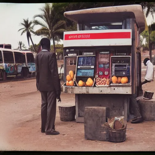 Prompt: old polaroids of futuristic african bus stops with informal sellers and digital screens, women selling fruit, autonomous african busses