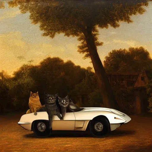 Image similar to corvette with cats sitting in and on the car, old dutch painting, golden hour, shadows, wide shot