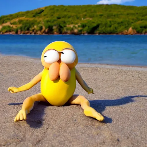 Prompt: a humonid muscular lemon cartoon character, is relaxing on a beach,, inspired by dalle - 2 generations