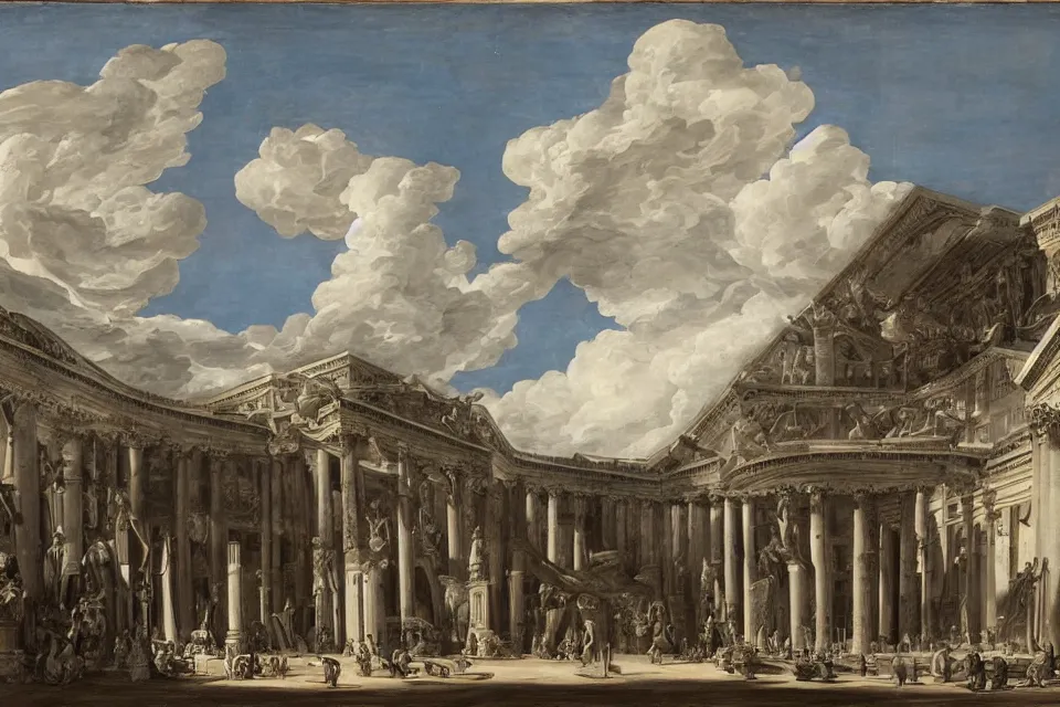 Image similar to an imposing heaven court, floating on clouds in a bright blue sky, monumental, ordered, in the style of piranesi, detailed, epic,