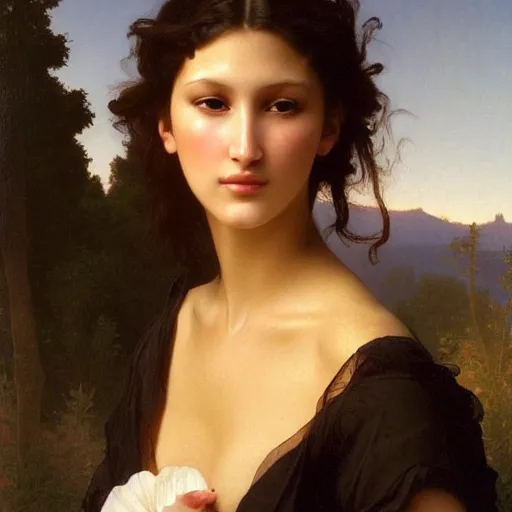 Image similar to painting of bella hadid. art by william adolphe bouguereau. during golden hour. extremely detailed. beautiful. 4 k. award - winning.