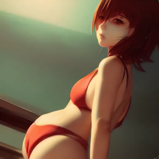 Image similar to cgsociety, by wlop, ilya kuvshinov, krenz cushart, greg rutkowski, trending on artstation. anime girl wearing latex bikini. cinematic dramatic atmosphere, sharp focus, volumetric lighting.