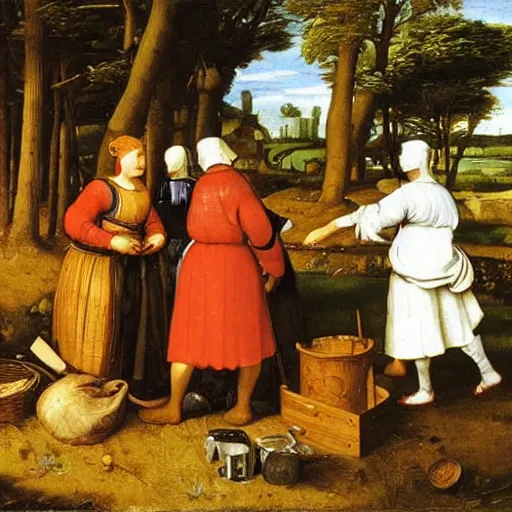 Image similar to feudal serfs sorting through recycling, pastoral scene, renaissance oil painting old master