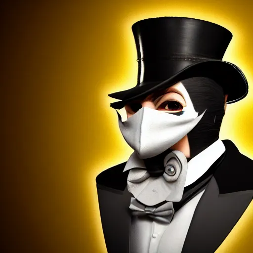 Image similar to a highly detailed portrait of a man in a high top hat covering his face, in a black tailcoat with a yellow waistcoat under the tailcoat, artstation, deviantart, professional, unreal engine 5, photorealistic