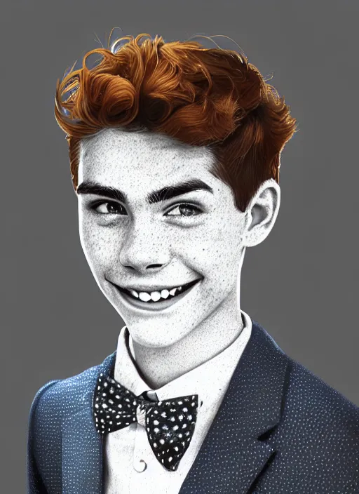 Image similar to portrait of teenage archie andrews, freckles, curly middle part haircut, curly hair, middle part hairstyle, smiling kindly, wearing a bowtie and sweater vest, intricate, elegant, glowing lights, highly detailed, digital painting, artstation, concept art, smooth, sharp focus, illustration, art by wlop, mars ravelo and greg rutkowski