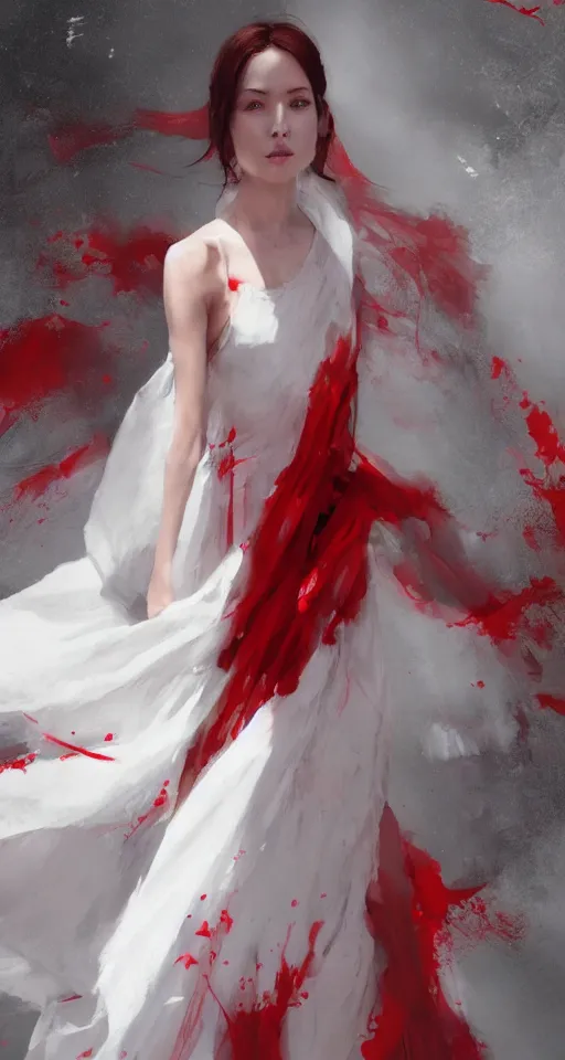 Image similar to A beuatiful portrait of a women in white and red dress by Greg Rutkowski, Sung Choi, Mitchell Mohrhauser, Maciej Kuciara, Johnson Ting, Maxim Verehin, Peter Konig, Bloodborne, full body, 8k photorealistic, cinematic lighting, HD, high details, dramatic, dark atmosphere, trending on artstation