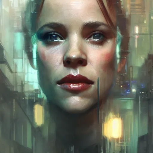 Image similar to rachel mcadams, hyperrealistic portrait, bladerunner street, art of elysium by jeremy mann and alphonse mucha, fantasy art, photo realistic, dynamic lighting, artstation, poster, volumetric lighting, very detailed face, 4 k, award winning