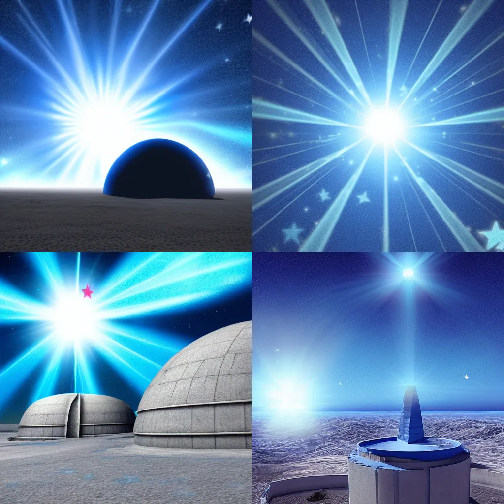 Prompt: Blue Text that says 3kliksphilp, with a picture of a concrete building in a martin crater, with a star in the sky with creating lens flare, CGI