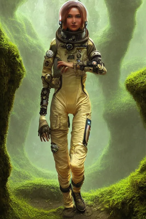 Image similar to a half body portrait of a futuristic steampunk female astronaut full body, symetrical young face steampunk astronaut walking inside a very lush mossy cave by Bastien Lecouffe-Deharme and marc simonetti natural volumetric lighting, realistic 4k octane beautifully detailed render, 4k post-processing