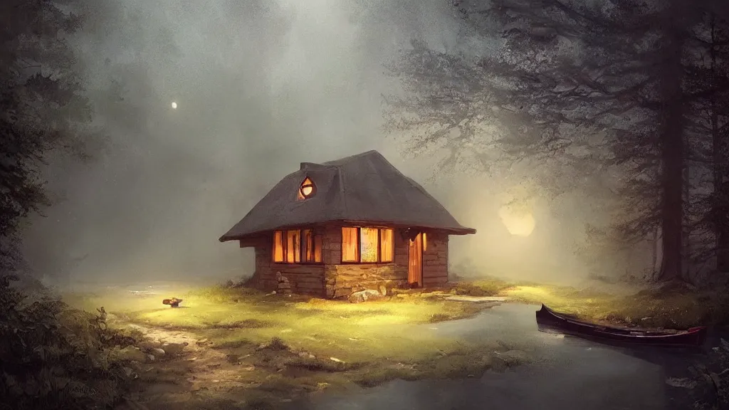 Image similar to small wooden cottage in the forest at night, smoke coming out of the chimney, nocturnal, redwood trees, peaceful, river running past the cottage, a wooden rowing boat, galaxy in the night sky, by charlie bowater, by greg rutkowski