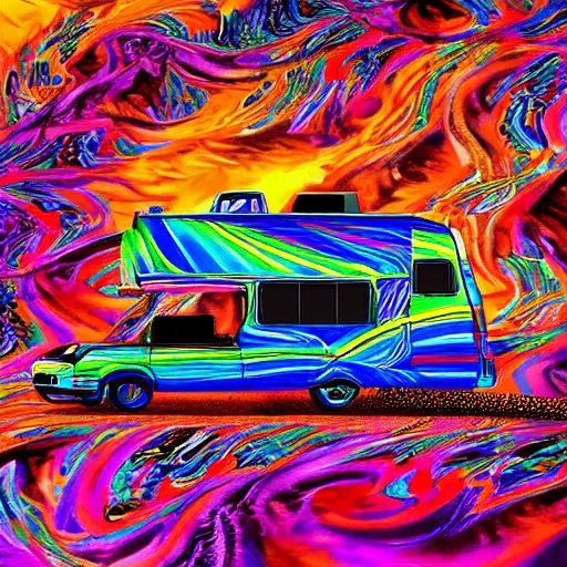 Prompt: beautiful digital psychedelic painting of an RV in the desert, hyperdetailed, vivid colors, trending on Artstation