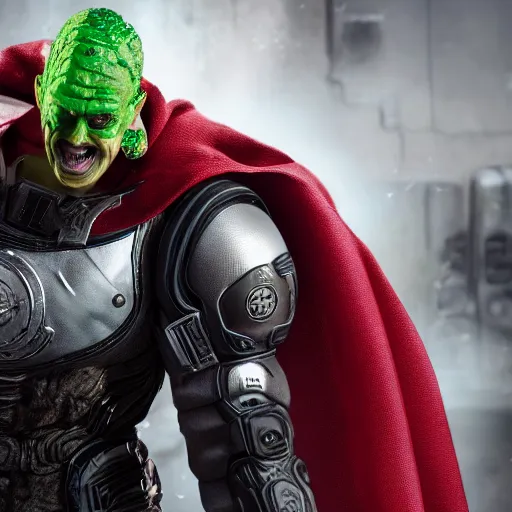 Image similar to pickle rick as superman! in gears of war, splash art, movie still, detailed face, photorealistic facial features, cinematic lighting, dramatic, octane render, long lens, shallow depth of field, bokeh, anamorphic lens flare, 8 k, hyper detailed, 3 5 mm film grain