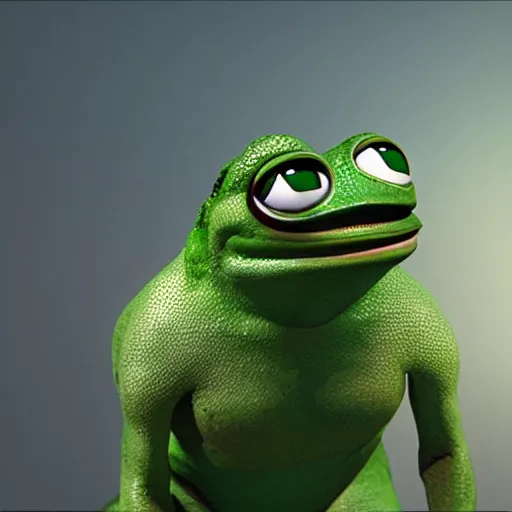 Prompt: pepe the frog, photorealistic render with cinematic lighting by beeple, cinema octane, unreal engine, 8 k