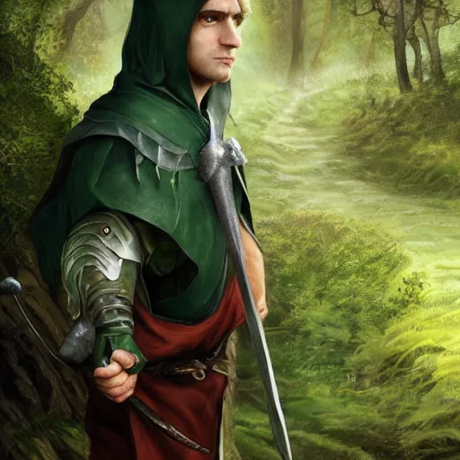 Prompt: a clean shaven rugged warrior hobbit in leather armor with very short hair and a dark green cloak and dark green hood hiking through the forest with his pet dark red dragon, trending on artstation, realistic, detailed, by Tony Sart