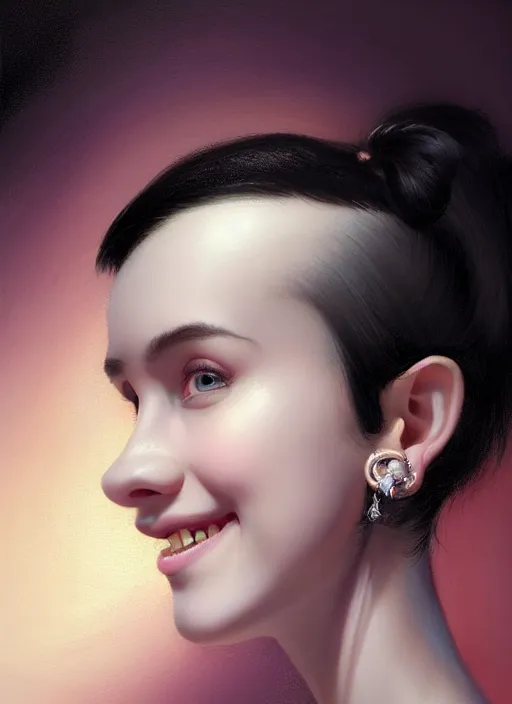 Prompt: portrait of teenage girl, narrow face, short black hair, bangs, half updo hairstyle, skinny, big nose, smile, unattractive, defined jawline, long chin, wearing hair bow, earrings, intricate, elegant, glowing lights, highly detailed, digital painting, artstation, sharp focus, illustration, art by wlop, mars ravelo and greg rutkowski