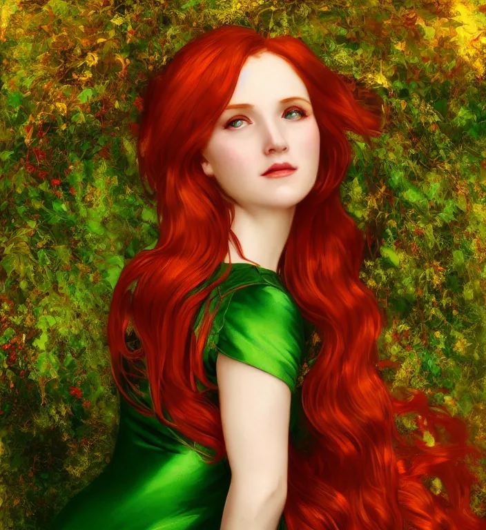 Prompt: portrait of a red haired woman wearing a green satin dress with fine gold filigree, autumn leaves falling, dramatic volumetric lighting, god rays, global illumination, soft, sharp focus, ivy, masterpiece, moss, trending on artstation, concept art by artgerm and Alphonse Mucha and Ryan Lang