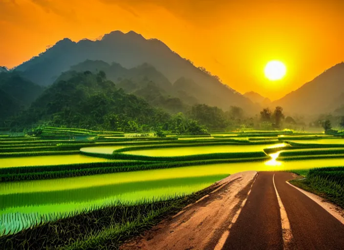 Image similar to a road between rice paddy fields, two big mountains in the background, big yellow sun rising between 2 mountains, indonesia national geographic, award winning dramatic photography