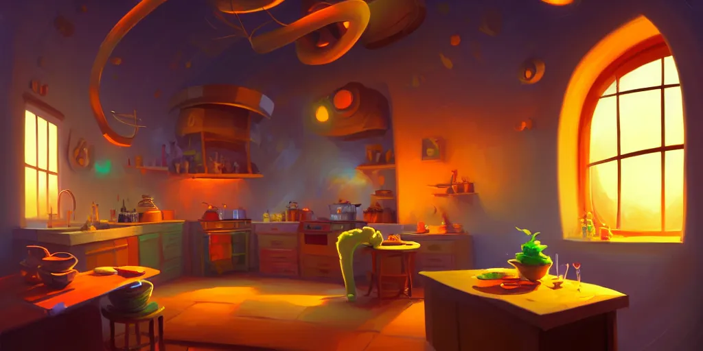 Prompt: naive nerikomi, weird perspective, extra narrow, detailed illustration of a kitchen dim lit by flashlight in a scenic spiral environment by rhads from lorax movie, trending artstation, true color cloud