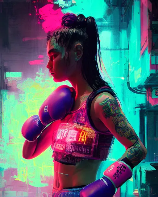 Image similar to detailed portrait Neon boxer Girl, cyberpunk futuristic neon, reflective crop top and shorts, boxing gloves, decorated with traditional Japanese ornaments by Ismail inceoglu dragan bibin hans thoma greg rutkowski Alexandros Pyromallis Nekro Rene Maritte Illustrated, Perfect face, fine details, realistic shaded, fine-face, pretty face