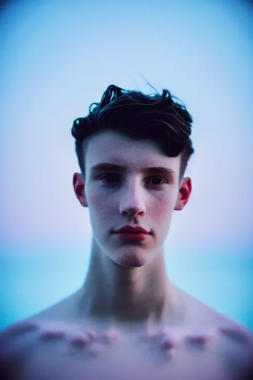 Prompt: high quality pastel coloured film mid angle selfie photograph of a beautiful young 2 0 year old male, soft features, short black hair, standing in an icelandic black rock environment. atmospheric. three point light. photographic. art directed. ( pastel colours ). volumetric light. clearcoat. waves glitch. 8 k. filmic.
