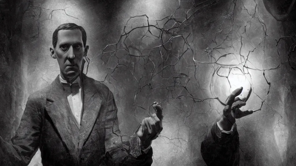 Prompt: Howard Phillips Lovecraft with an eldritch being in his hand, in a old house with a portal to a another universe. Hyper realistic, Dark-Art, 8K, concept art, filmic, HDR, volumetric lighting, highly detailed, cinematic lighting, artstation, vibrant nature, volumetric light, octane render, redshift render, camera close up, rich deep moody colors, ultra realistic