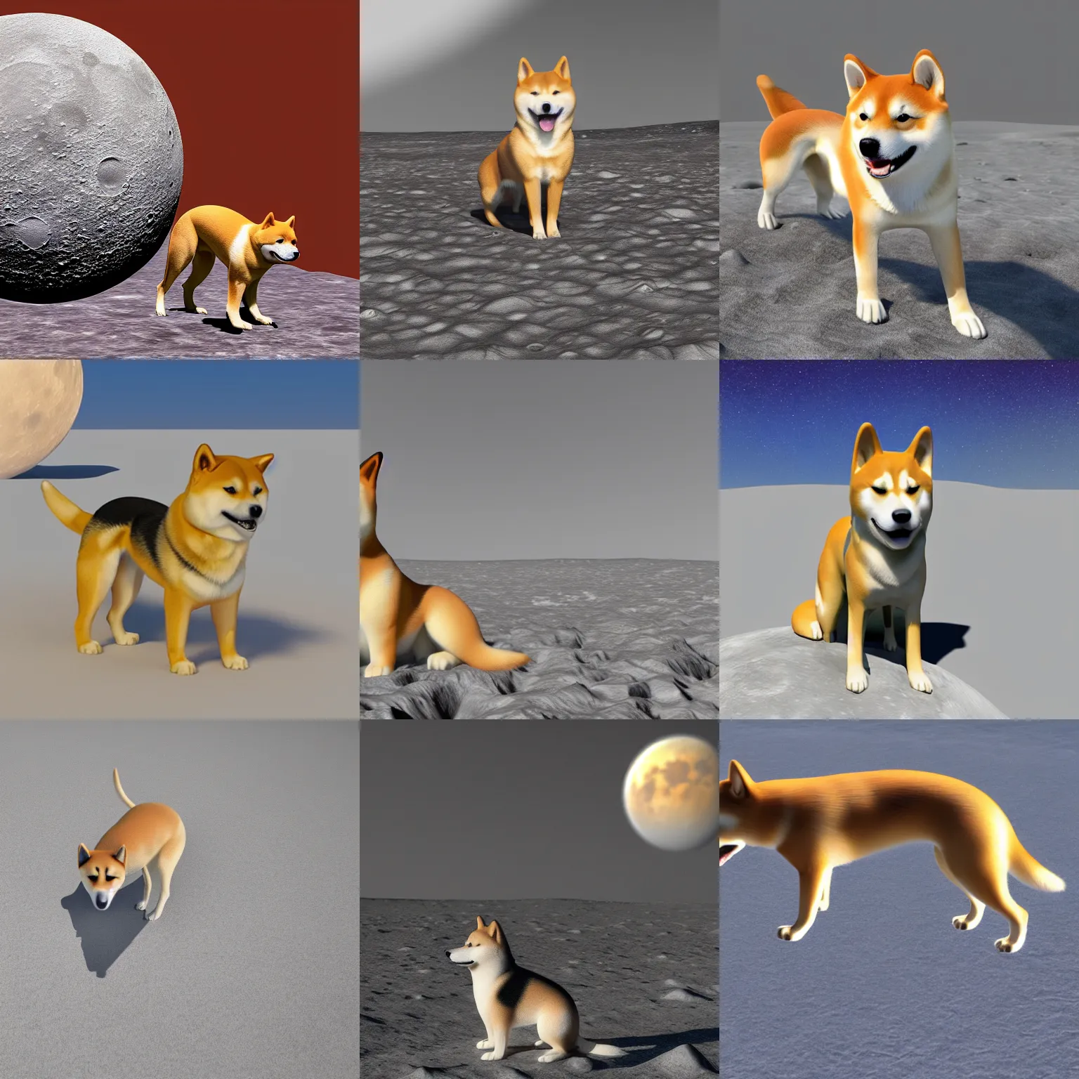 Prompt: Shiba Inu dog on the surface of the moon, 3d render, dramatic, photorealistic