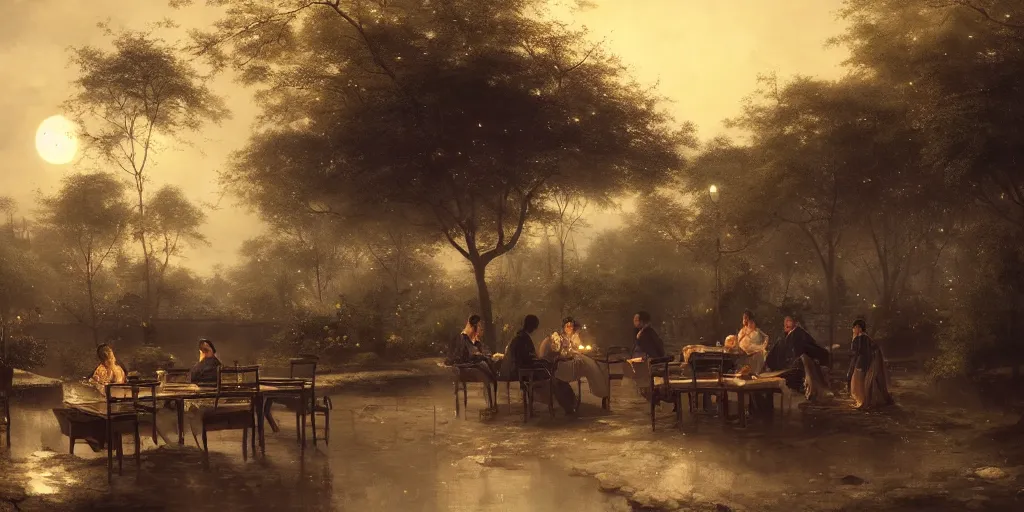 Image similar to an asian outdoor garden, family sitting at dining table center frames, full moon on the sky, the night is late, by andreas achenbach, artgerm, mikko lagerstedt, zack snyder, tokujin yoshioka