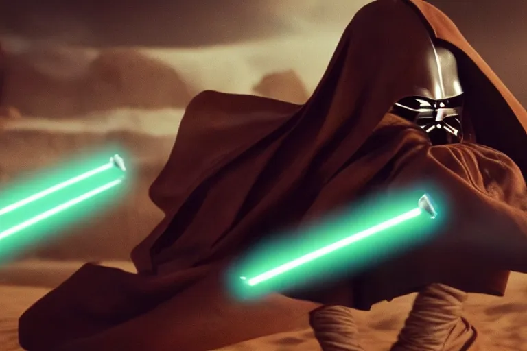 Prompt: Anakin Skywalker lightsaber duel against sand, high detailed, cinematic, film, scene, cinematic lighting, high resolution, 8k, hd