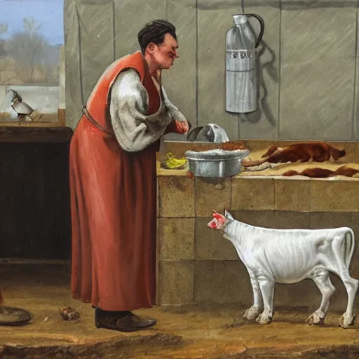 Image similar to butcher giving milk to a cat, while being watched by a cow