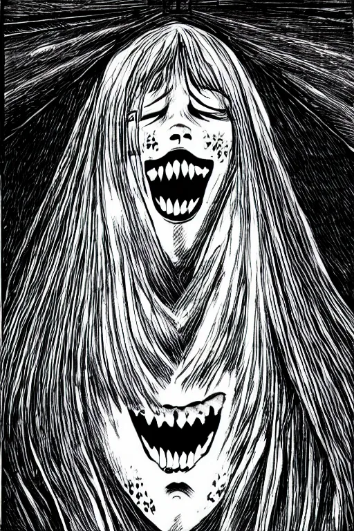 Image similar to angel of death smiling in the dark night, by junji ito with shiver manga art style