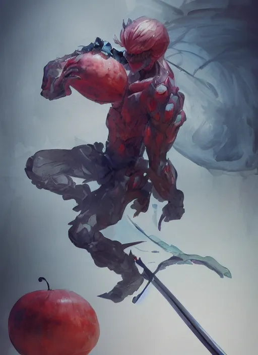 Image similar to semi reallistic gouache gesture painting, by yoshitaka amano, by ruan jia, by conrad roset, by dofus online artists, detailed anime 3 d render of an alien monstrous using a katana to cut a watermelon, portrait, cgsociety, artstation, rococo mechanical, digital reality, sf 5 ink style, dieselpunk atmosphere, gesture drawn