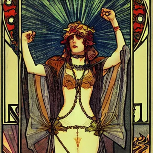 Prompt: the sun tarot card by mucha and roberto ferri