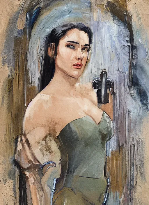 Image similar to detailed artwork by phil noto ; stylized painting of young jennifer connelly from the rocketeer ; brush texture ; asymmetric composition ; paint texture ; trending on artstation ; gallery painting by phil noto, comic style