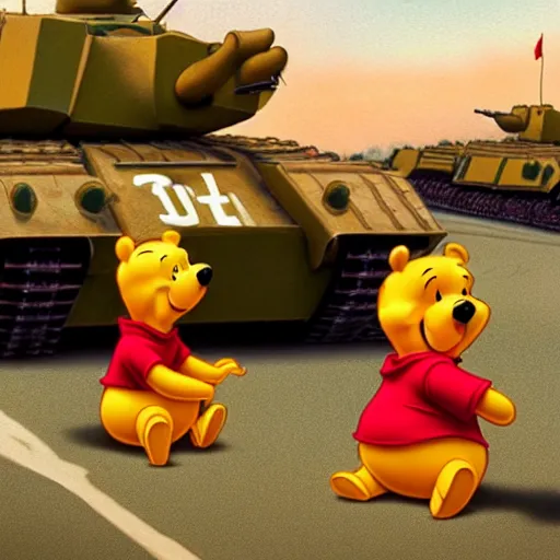 Image similar to winnie the pooh at tiananmen square sitting down on road in front of line of chinese tanks, award winning photography, extremely detailed, artstation, 8 k, sensual lighting, incredible art, wlop, artgerm