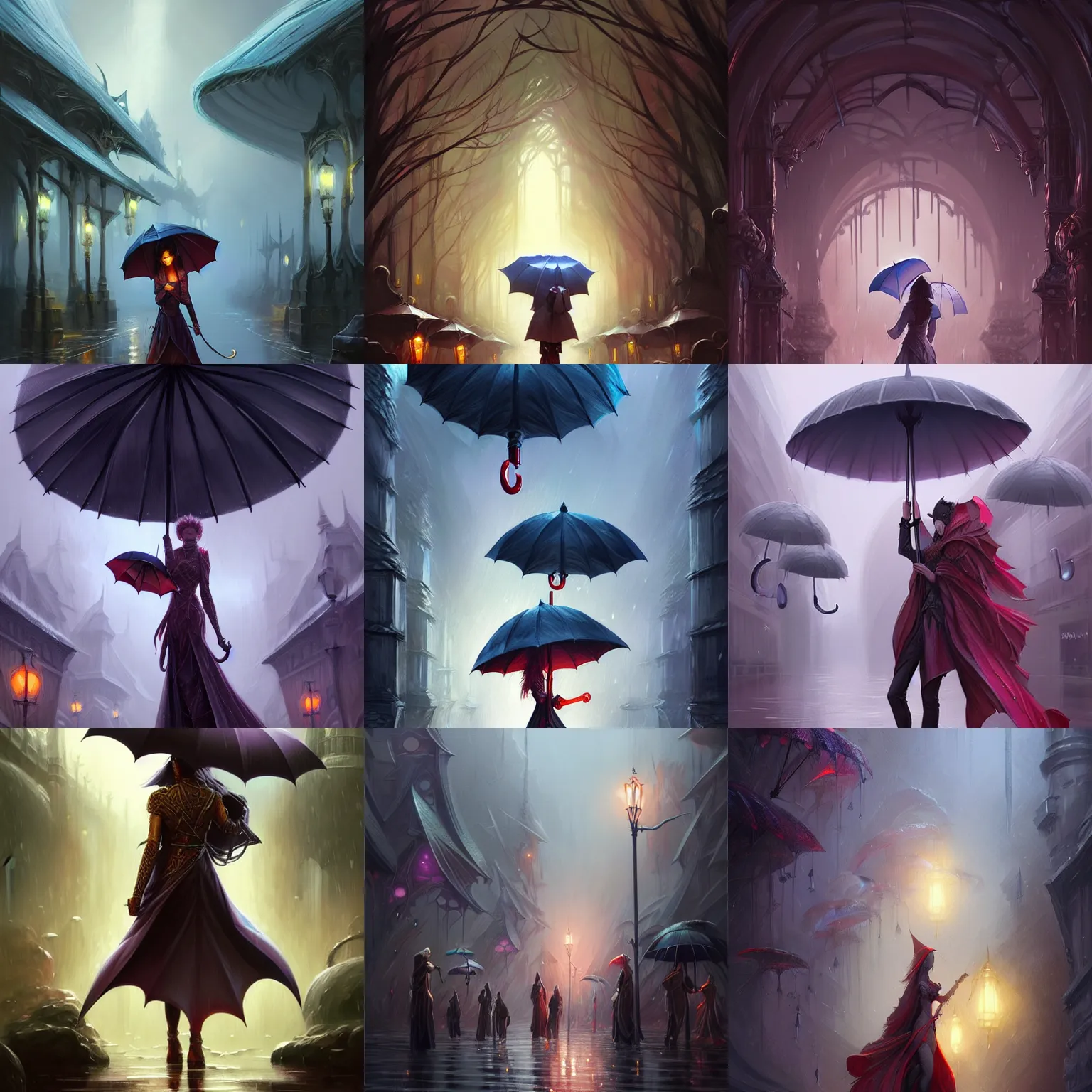 Prompt: umbrellas on a rainy day, D&D, fantasy, intricate, elegant, highly detailed, digital painting, artstation, concept art, matte, sharp focus, illustration, art by Artgerm and Noah Bradley and Scott M Fischer and Greg Rutkowski