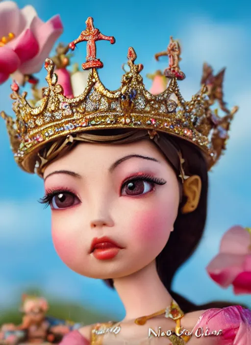 Image similar to closeup profile portrait of tin toy fairytale princess wearing a crown, bikini, depth of field, zeiss lens, detailed, symmetrical, centered, fashion photoshoot, by nicoletta ceccoli, mark ryden, lostfish, breathtaking, 8 k resolution, extremely detailed, beautiful, establishing shot, artistic, hyperrealistic, octane render