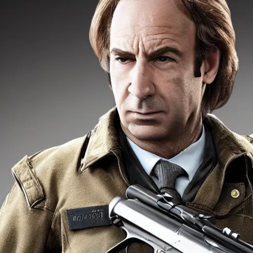 Image similar to Saul Goodman wearing heavy modern military gear and holding a machine gun, highly detailed, 4k