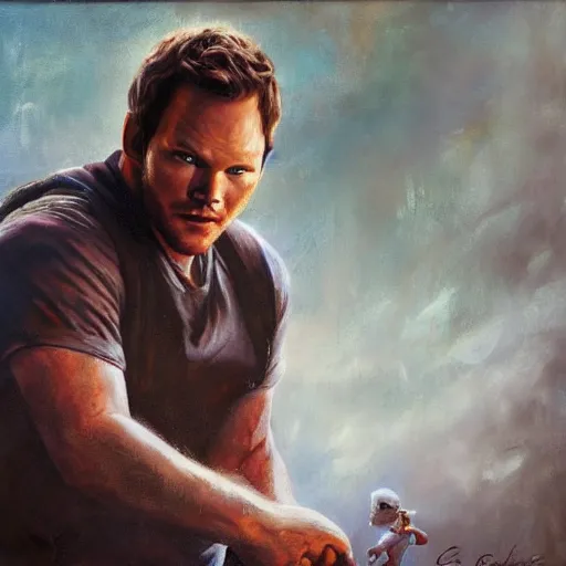 Image similar to chris pratt and the doll chucky, oil painting, by greg rutkowski