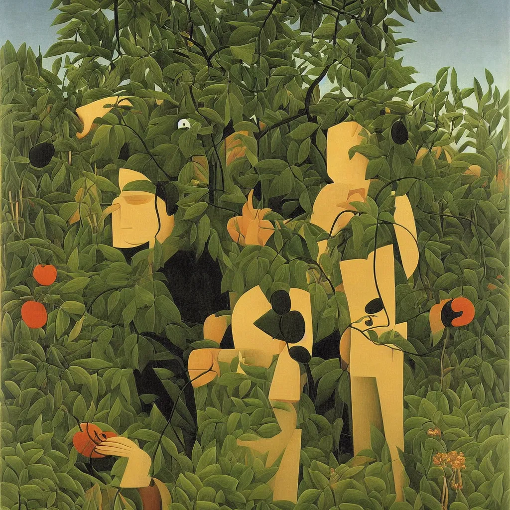 Image similar to i, a man wearing headphone and playing his iphone, by henri rousseau